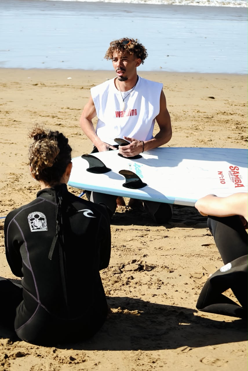 Surf coach teaching a group at Tafokt Surf House near Taghazout